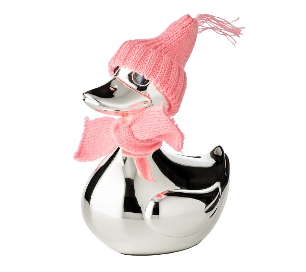 Mütze für Jungen und Mädchen in blau und rosarot dabei Spardose Ente mit Schal 