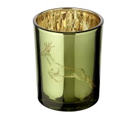 SALE Teelichtglas Sammy (Höhe 13 cm), grün & goldfarben, Hirsch-Motiv