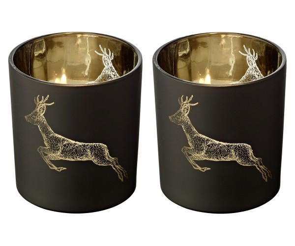 2er-Set Teelichtglas Sammy (Höhe 8 cm), schwarz & goldfarben, Hirsch-Motiv