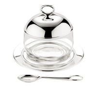 Marmeladenglas Jago mit Untersetzer und Löffel, edel versilbert, Höhe 10 cm, ø 14 cm, ø Glas 10 cm