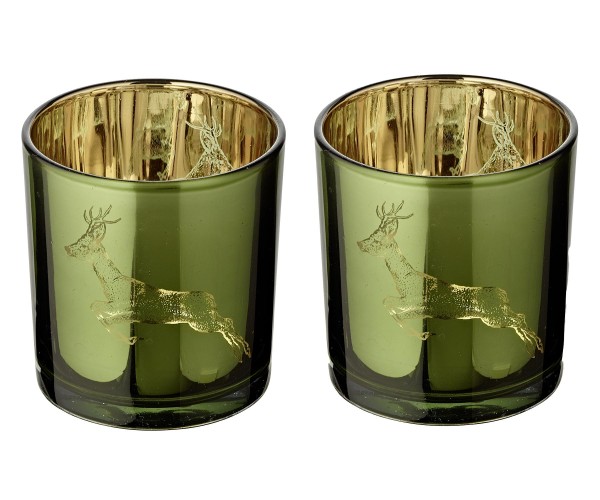 SALE 2er-Set Teelichtglas Sammy (Höhe 8 cm), grün & goldfarben, Hirsch-Motiv