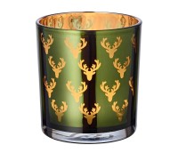SALE Teelichtglas Dirk (Höhe 8 cm), grün & goldfarben, Hirsch-Motiv