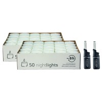 100 Stück Wenzel Nightlights durchsichtige Teelichtkerzen, weiß, Plus 2 Mini-Stabfeuerzeuge