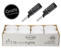 16 Stück Maxilights Maxi-Teelichter, weiß, transparente Kunststoffhülle, inkl. 2 Mini-Stabfeuerzeug
