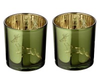 2er Set Windlicht Teelichthalter Hirsch laufend, Hirsch-Motiv, außen grün/innen Gold, Höhe 8 cm,-