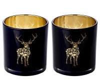 2er-Set Teelichtglas Fancy (Höhe 8 cm), schwarz & goldfarben, Hirsch-Motiv
