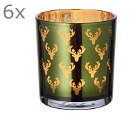 6er Set Windlicht Teelichtglas Dirk, außen grün / innen gold, Hirsch-Design, Höhe 8 cm, ø 7 cm