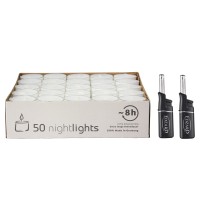 50 Stück Nightlights Teelichter, weiß, transparente Kunststoffhülle, inkl. 2 Mini-Stabfeuerzeuge