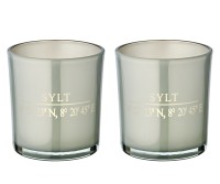 2er-Set Teelichtglas Sylt (Höhe 8 cm, ø 7,5 cm) in Grau, edles Windlicht mit Sylt-Koordinaten