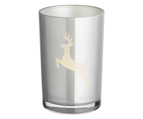 SALE Teelichtglas Loki left (Höhe 18 cm), grau, Hirsch-Motiv