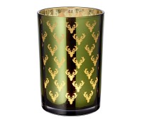 Teelichtglas Dirk (Höhe 18 cm), grün & goldfarben, Hirsch-Motiv